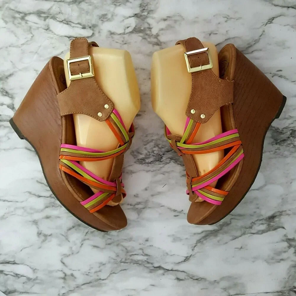 SM New York Wedge Sandal Womens Size 9.5 Divine Multicolor Tan Summer